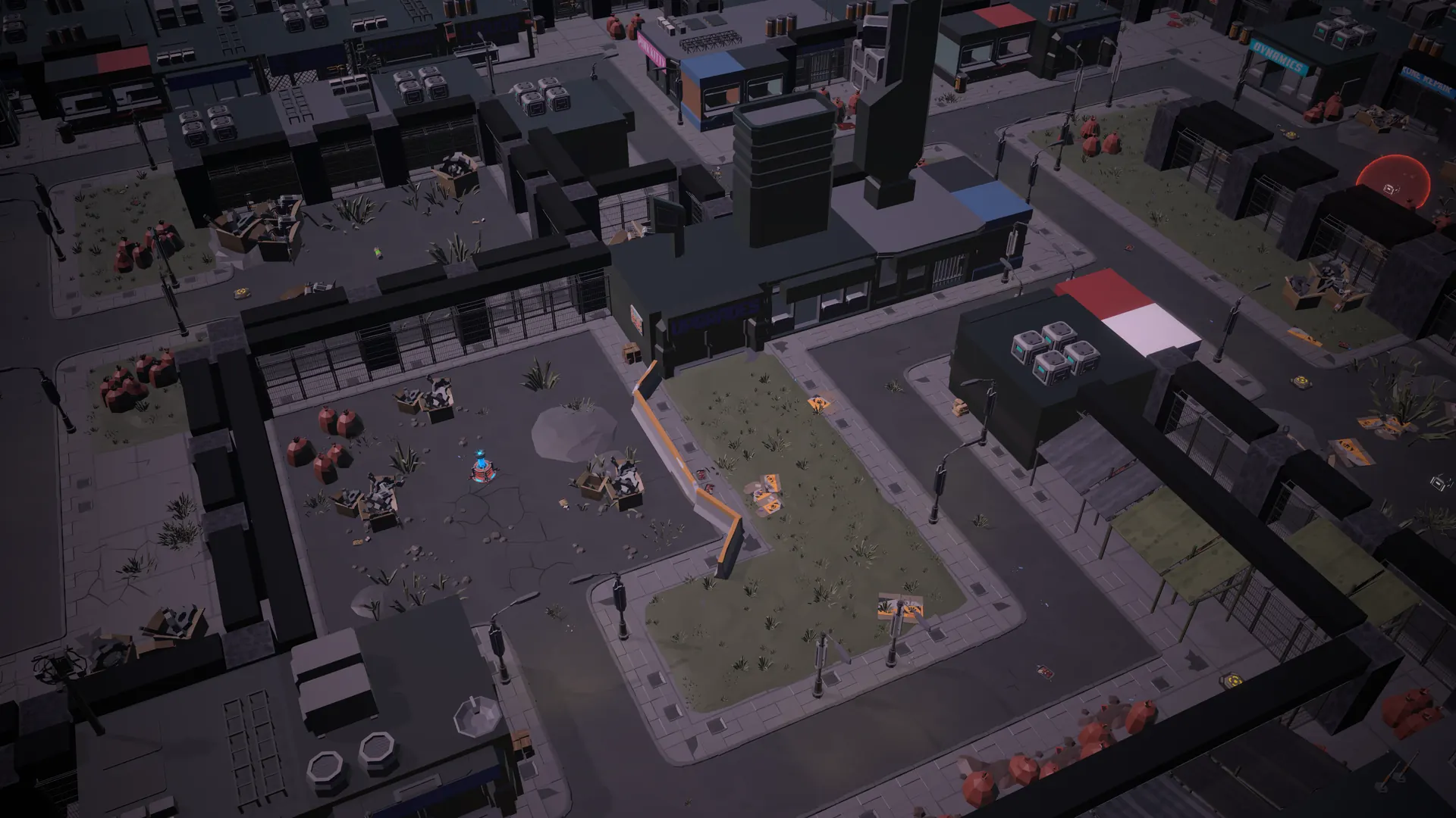 An overhead view of abandoned city blocks.